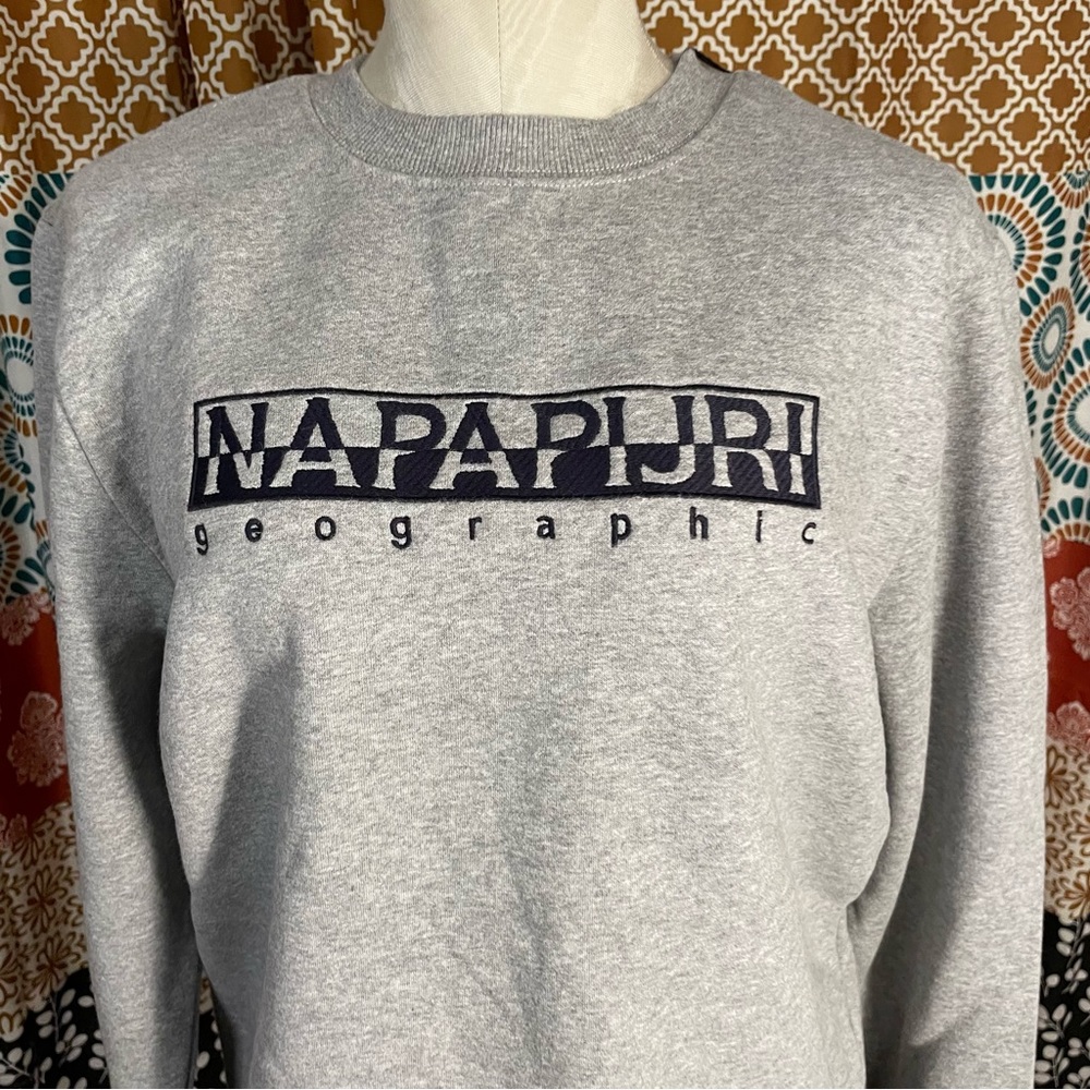 Napapijri Light Gray Crewneck Sweatshirt with Navy Logo - Picture 2 of 6
